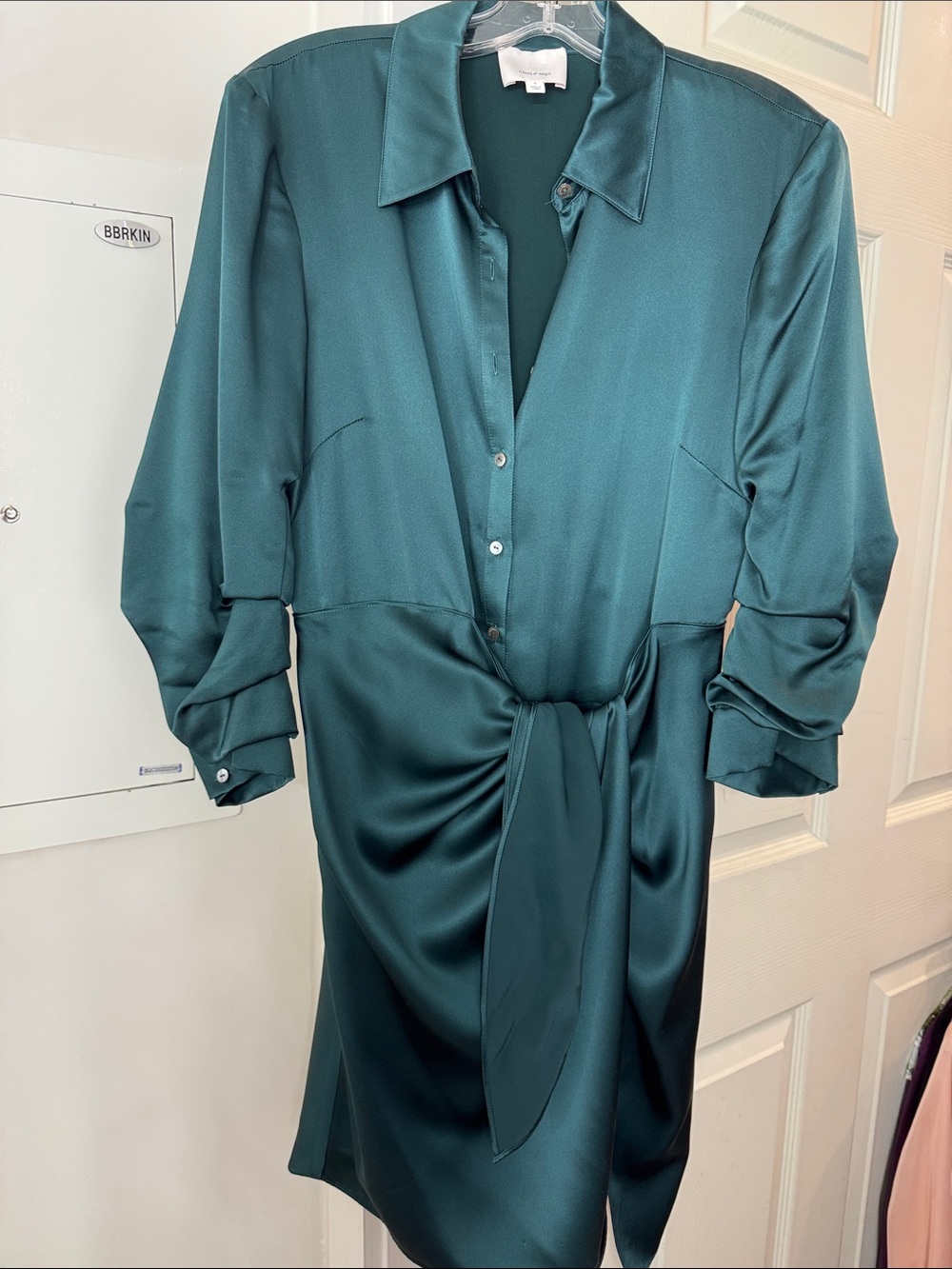 cinq a sept Teal Satin Shirt Dress
